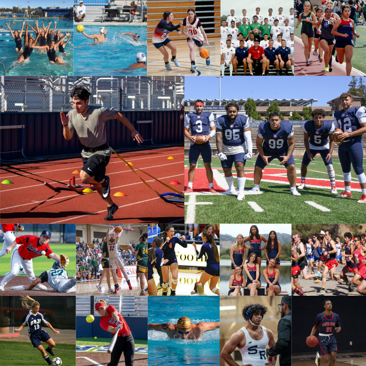 A composite image of student-athletes playing various sports at 爱妹社. The images include the swimming and baseball teams, basketball, softball, track, etc.